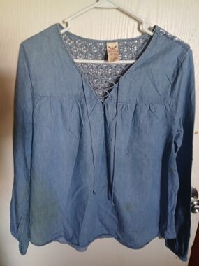 Faded Glory Blue Crochet Yoke Peasant Blouse